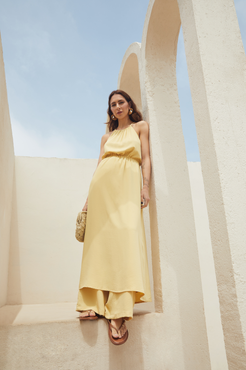 slow style, roupas, roupa feminina, vestidos, vestido desire amarelo, vestido midi, vestido feminino elegante, vestido fluido, moda feminina resort.