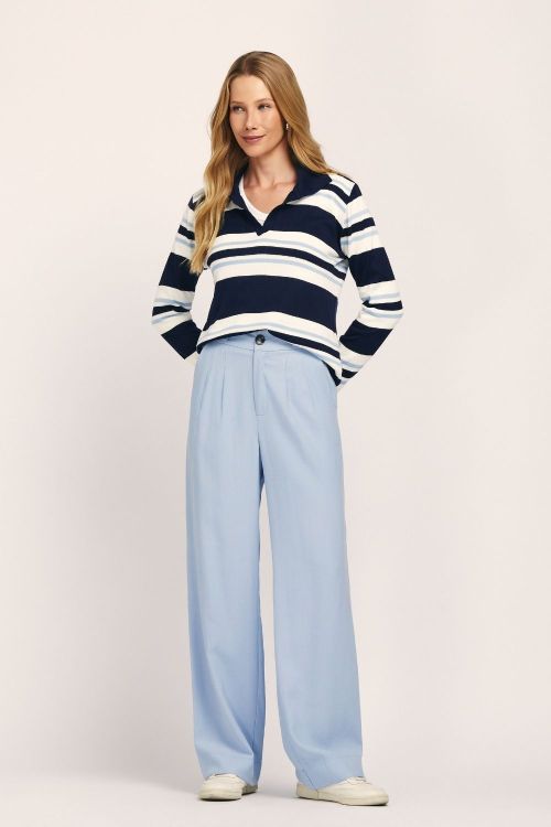 slow style, roupas, roupa feminina, blusa de ivete azul, blusa de tricot listrada, blusa feminina, tricot feminino elegante, blusa gola polo feminina