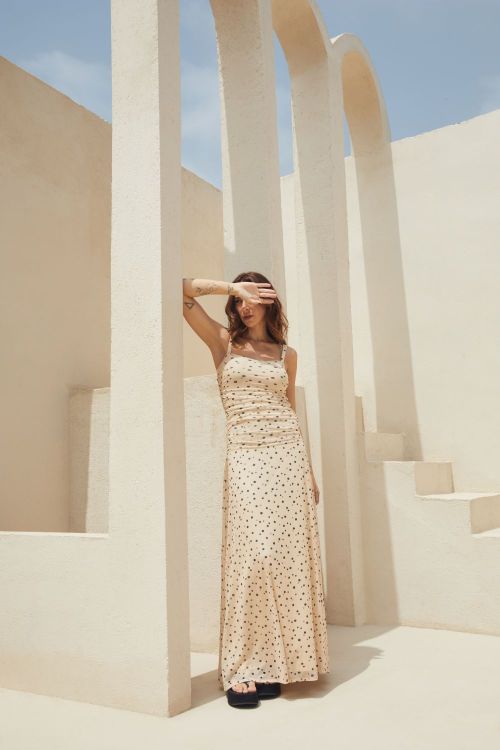 slow style, roupas, roupa feminina, vestidos, vestido elis longo estampado, vestido poá azul marinho , vestido leve feminino, vestido verão elegante, vestido fluido Slow.