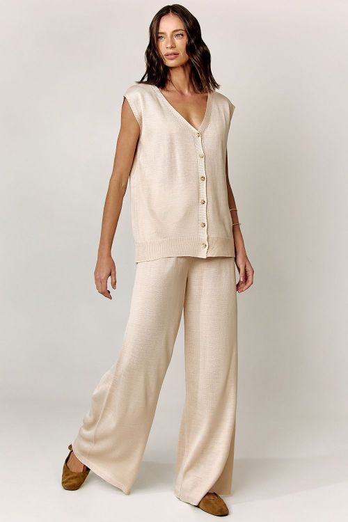 slow style, roupas, roupa feminina, conjunto feminino bege, conjunto tricot, conjunto clarissa, calça pantalona, blusa sem mangas