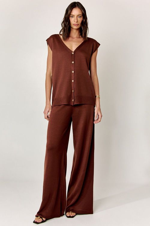 slow style, roupas, roupa feminina, conjunto feminino marrom, conjunto tricot, conjunto clarissa, calça pantalona, blusa sem mangas