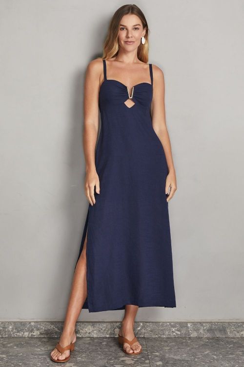 slow style, roupas, roupa feminina, saias, vestidos, vestido ella azul marinho, vestido midi, vestido com alça regulável, vestido com lastex