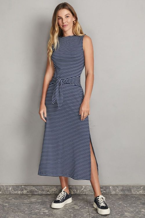 slow style, roupas, roupa feminina, vestidos, vestido fran listra azul marinho, vestido canelado, vestido midi
