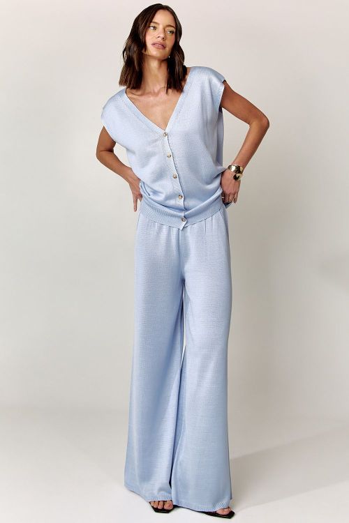 slow style, roupas, roupa feminina, conjunto feminino azul, conjunto tricot, conjunto clarissa, calça pantalona, blusa sem mangas