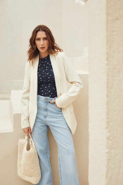 slow style, roupas, roupa feminina, blazer feminino areia, blazer charlote alongado feminino, blazer leve para meia estação, blazer elegante casual