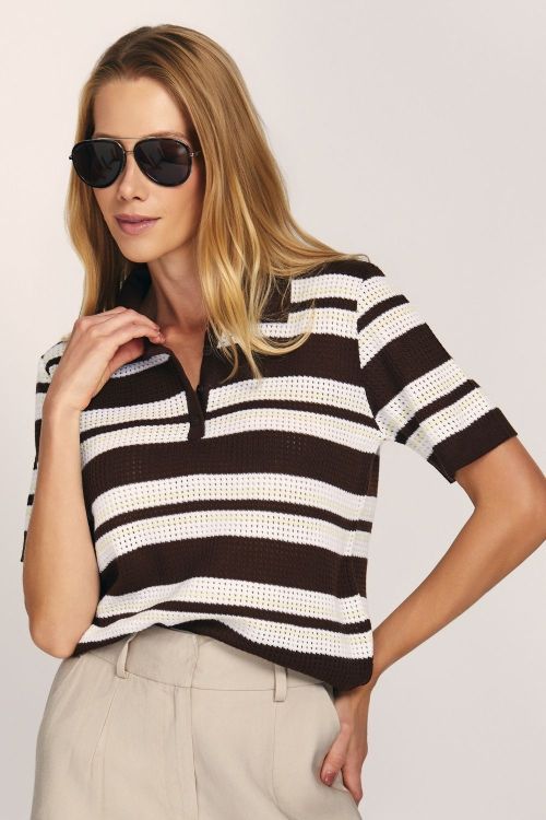 slow style, roupas, roupa feminina, blusa fabiola marrom, blusa de tricot feminina, blusa polo de tricot, blusa listrada feminina, tricot manga curta.