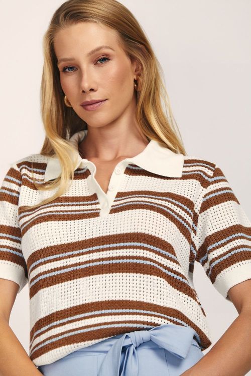 slow style, roupas, roupa feminina, blusa fabiola Off White, blusa de tricot feminina, blusa polo de tricot, blusa listrada feminina, tricot manga curta.