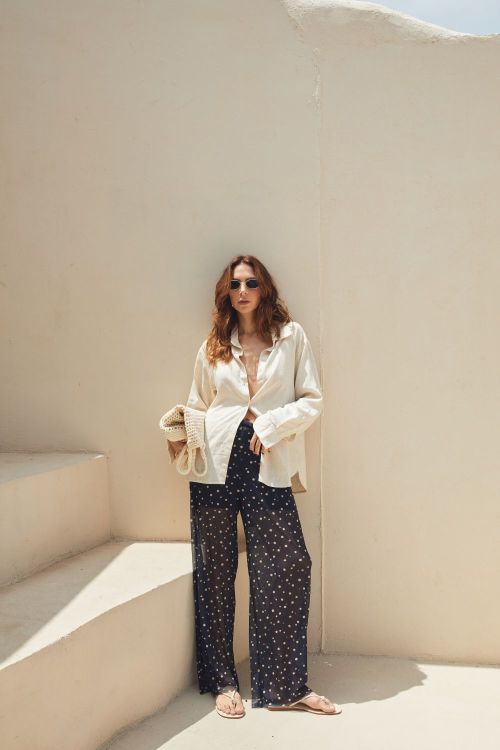 slow style, roupas, roupa feminina, calça pantalona elis poá, calça fluida feminina azul marinho, calça leve de verão, calça estampada