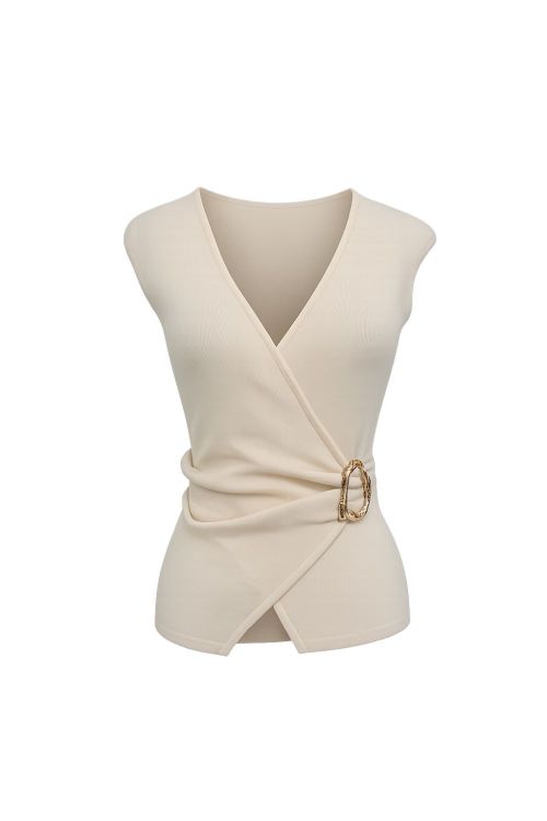 slow style, roupas, roupa feminina, blusa gisa bege, blusa feminina, blusa de tricot canelado, blusa com detalhe de fivela, blusa decote v