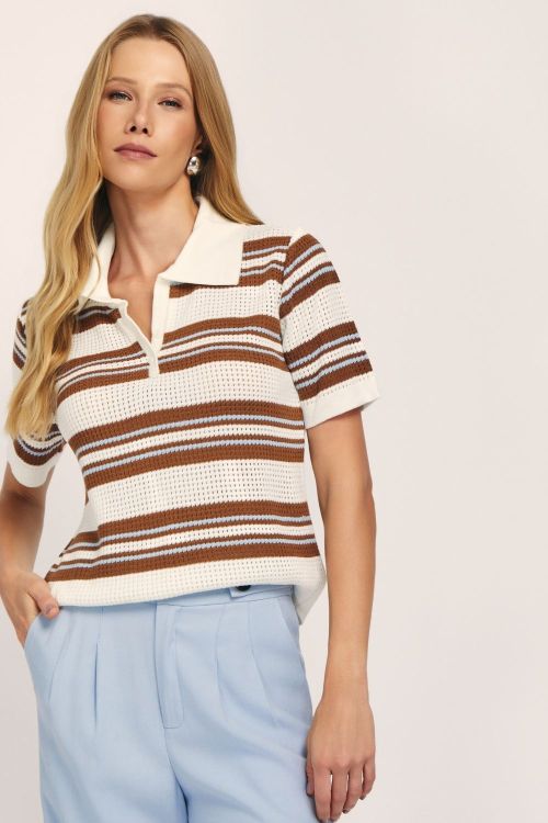 slow style, roupas, roupa feminina, blusa fabiola Off White, blusa de tricot feminina, blusa polo de tricot, blusa listrada feminina, tricot manga curta.