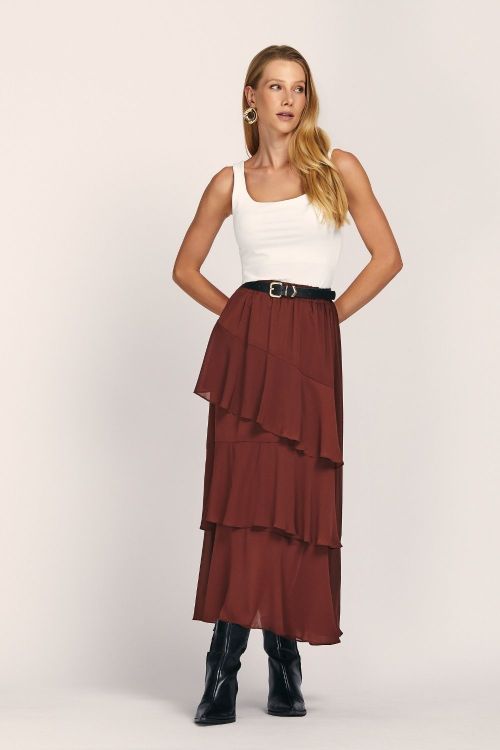 slow style, roupas, roupa feminina, saias, saia isabel, saia marrom, saia midi, saia com cós de elástico