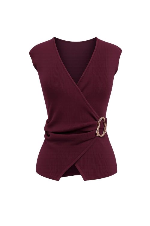 slow style, roupas, roupa feminina, blusa gisa bordo, blusa feminina, blusa de tricot canelado, blusa com detalhe de fivela, blusa decote v