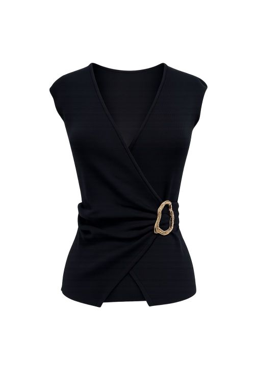 slow style, roupas, roupa feminina, blusa gisa preta, blusa feminina, blusa de tricot canelado, blusa com detalhe de fivela, blusa decote v