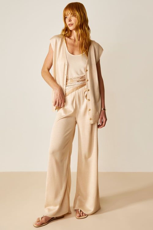 slow style, roupas, roupa feminina, conjunto feminino bege, conjunto tricot, conjunto clarissa, calça pantalona, blusa sem mangas