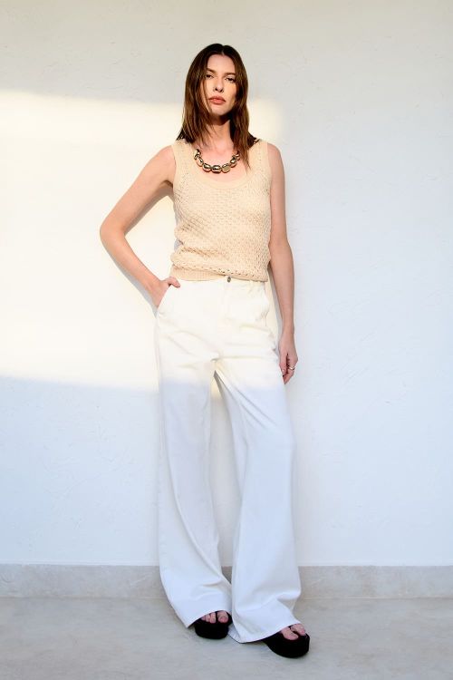 slow style, roupas, roupa feminina, calça pantalona feminina, calça de sarja lilian off white, calça ampla, pantalona elegante
