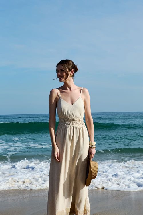 slow style, roupas, roupa feminina, saias, vestido dara longo de viscolinho areia, vestido elegante casual, vestido leve de praia.