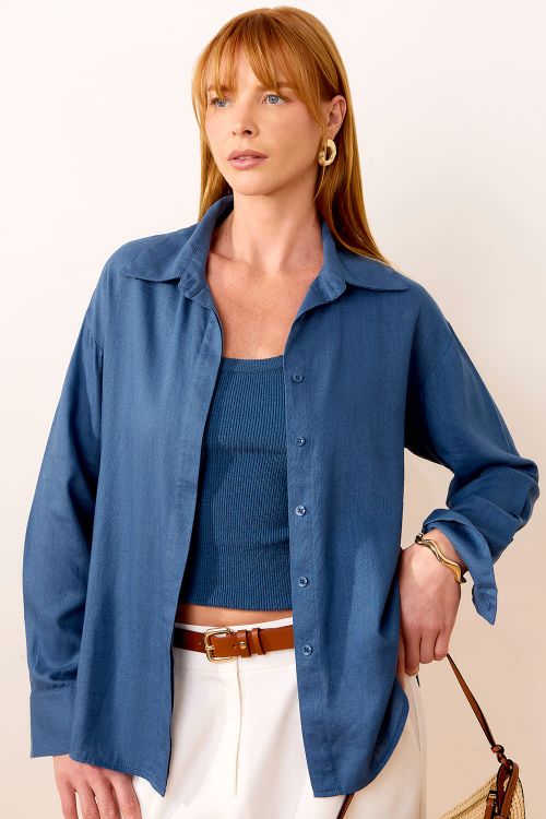 slow style, roupas, roupa feminina, camisa feminina marinho, camisa ticiane azul jeans , camisa feminina marinho de linho com viscose 